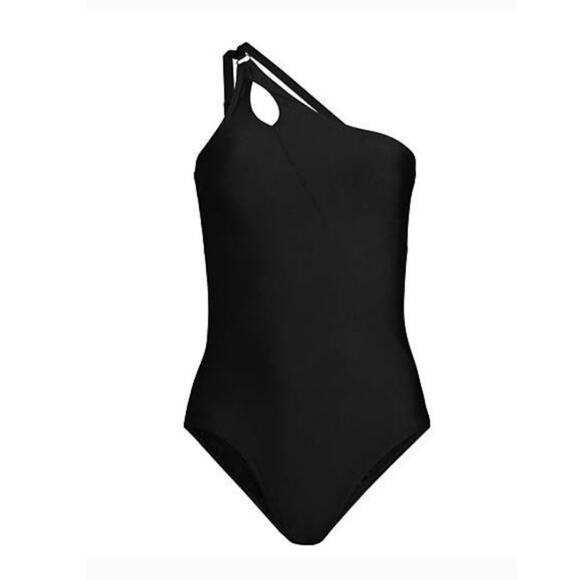 Lands End Swimsuit Women's 16 Black One Shoulder One Piece Strappy Beach Coastal - Picture 1 of 14